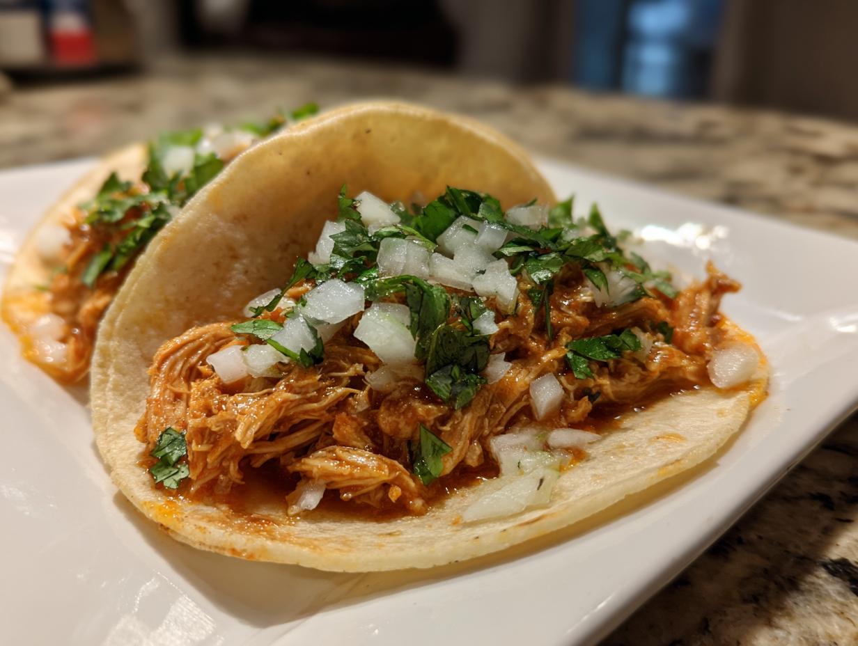 Two delicious chicken tacos filled with shredded orange chicken, topped with diced white onion and fresh cilantro.