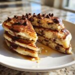 A stack of fluffy chocolate chip pancakes drizzled with melted chocolate and syrup, cut to show the interior.