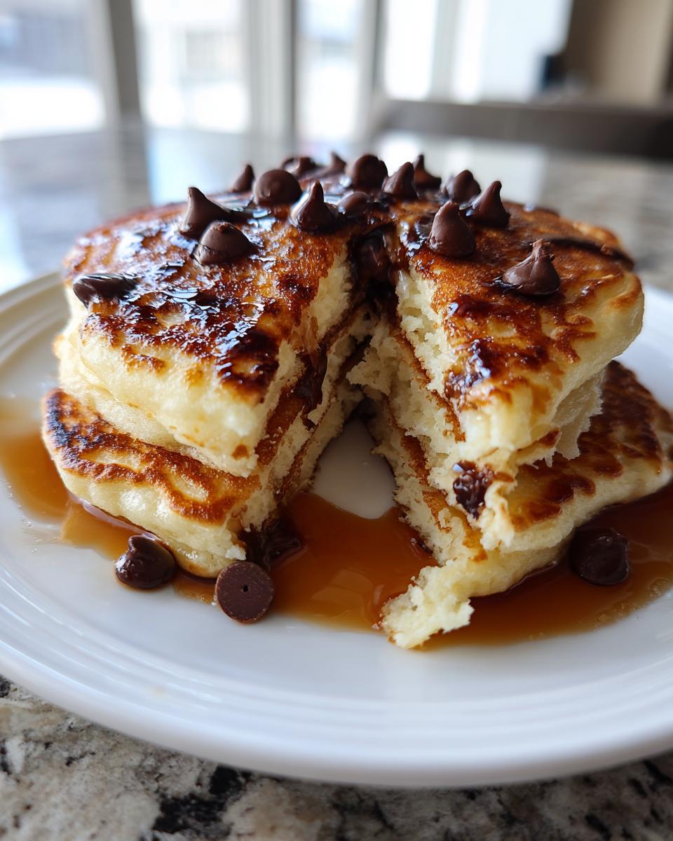 A stack of fluffy chocolate chip pancakes cut in half, drizzled with syrup and topped with chocolate chips.