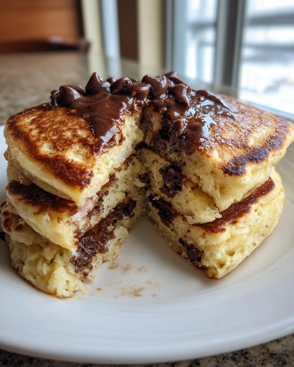 A stack of fluffy chocolate chip pancakes cut in half, revealing melted chocolate chips inside and topped with more chocolate sauce.