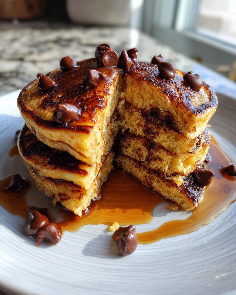 A stack of fluffy chocolate chip pancakes cut in half, drizzled with syrup and topped with melted chocolate chips.