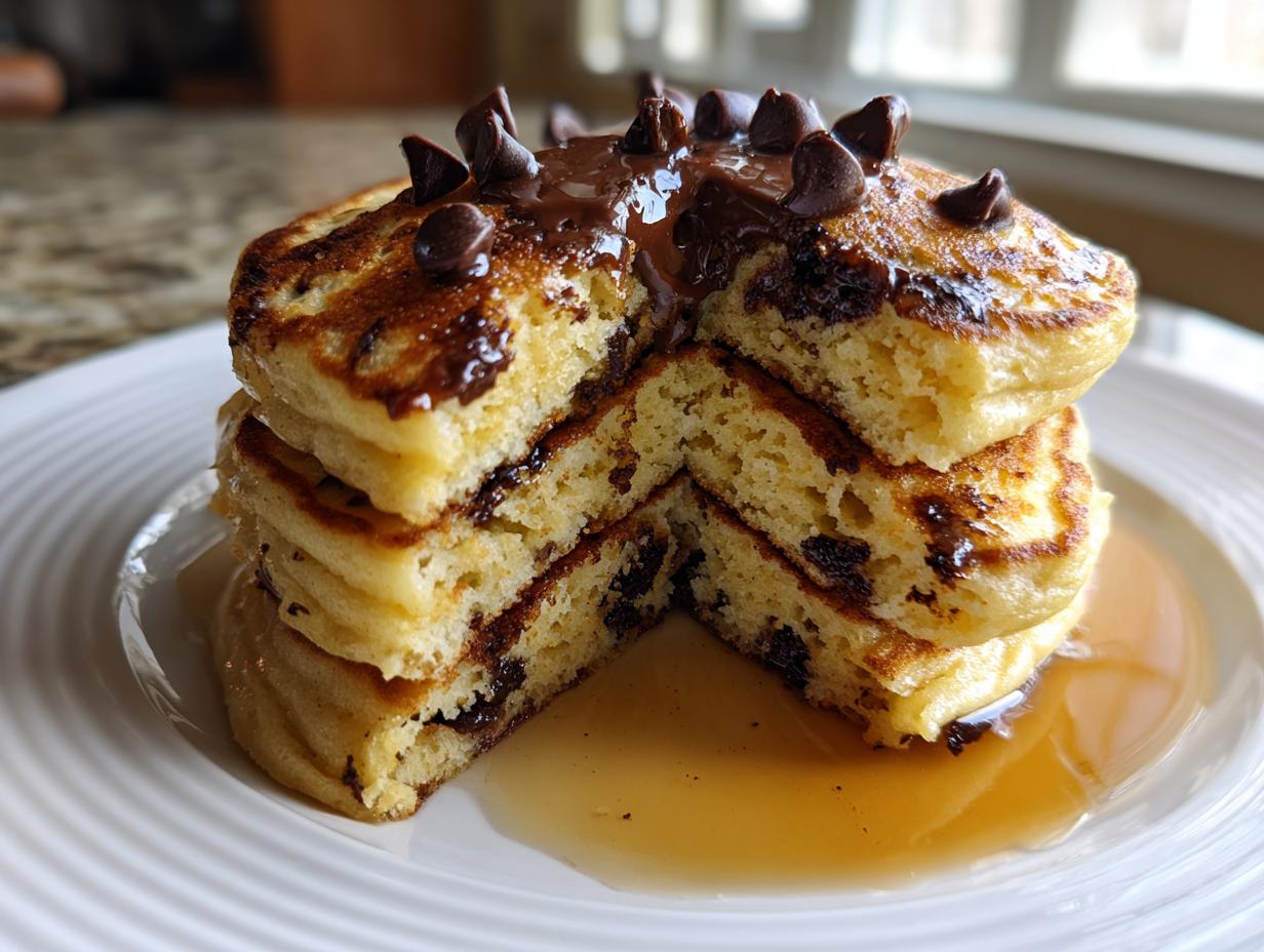 A tall stack of fluffy chocolate chip pancakes cut open, drizzled with chocolate sauce and topped with chips.