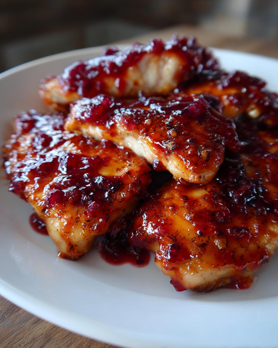 Several pieces of juicy chicken breast smothered in a thick, glossy cranberry sauce, ready to serve as cranberry chicken.