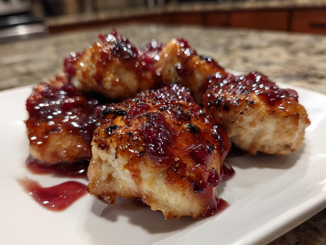 Close-up of seared chicken pieces topped with glistening cranberry sauce, showcasing the amazing cranberry chicken recipe.