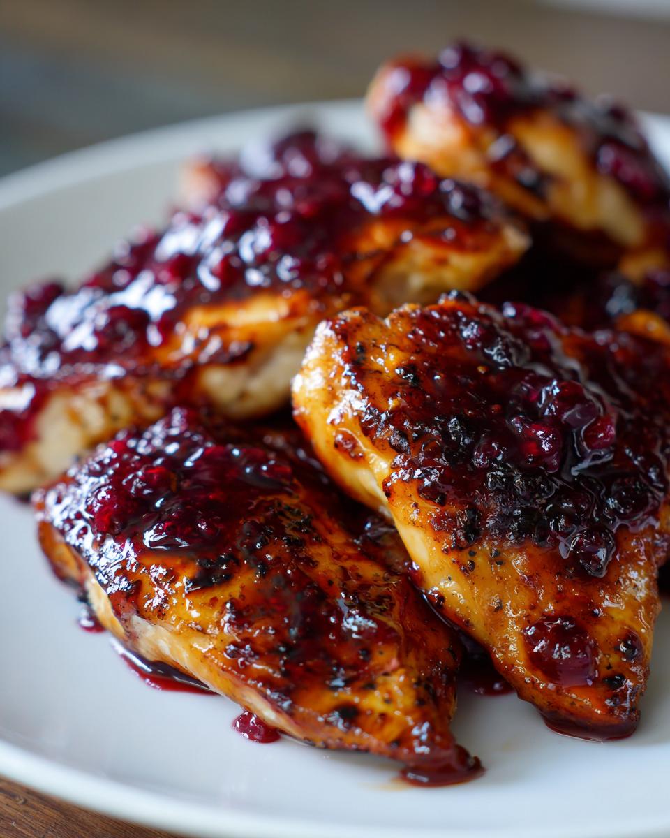Close-up of juicy, pan-seared cranberry chicken breasts generously topped with a dark, glossy cranberry sauce.