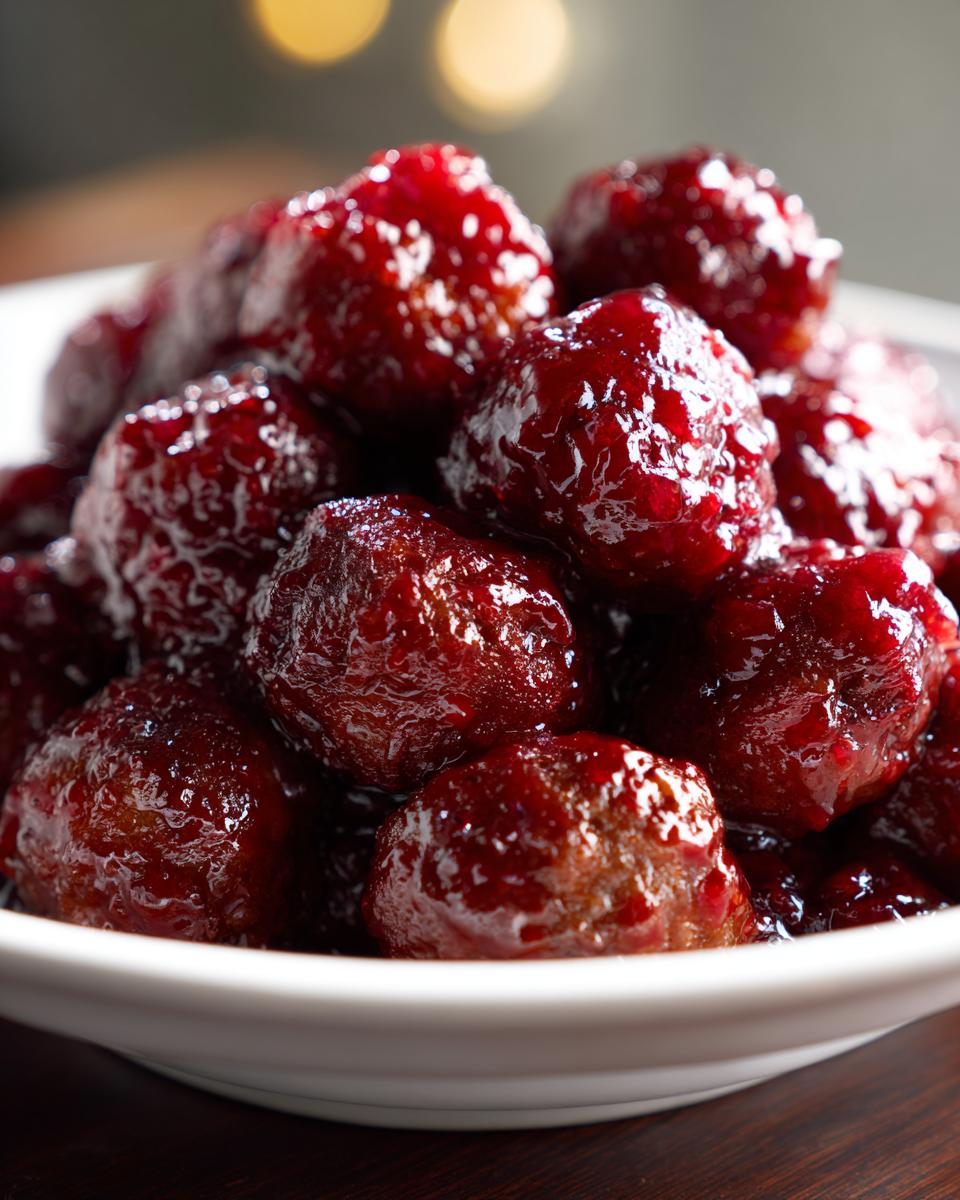A close-up shot of glistening, saucy cranberry meatballs piled high in a white serving bowl.