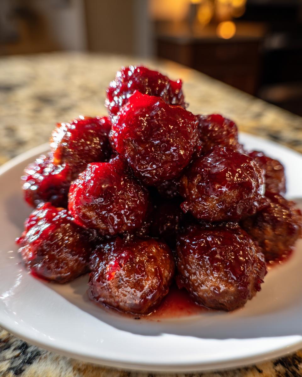 A close-up of a pile of glistening cranberry meatballs coated in a thick, dark red sauce on a white plate.