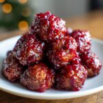 A close-up shot of a mound of glossy cranberry meatballs piled high on a white plate.