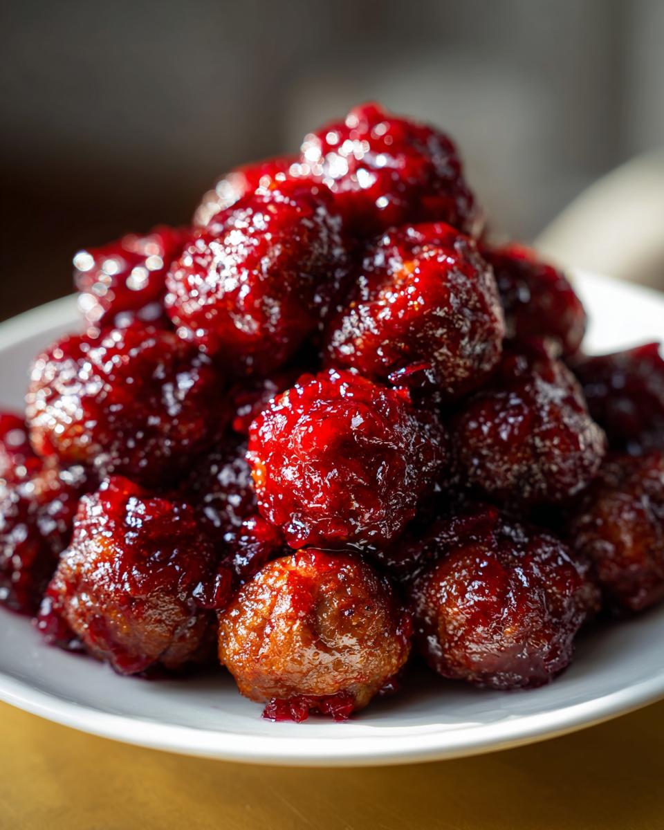 A close-up, appetizing shot of a mound of shiny cranberry meatballs piled high on a white plate.