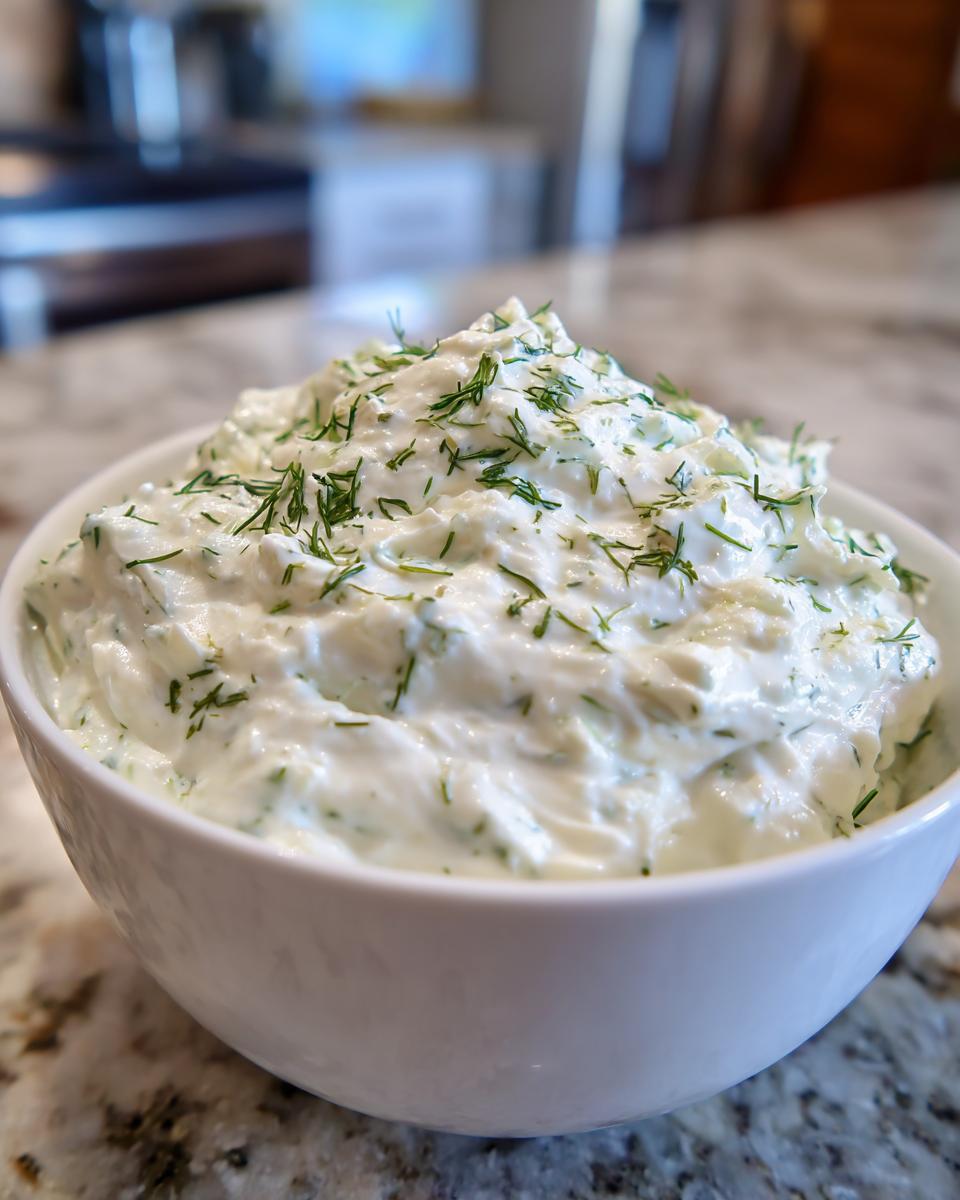 A close-up of a white bowl filled with creamy dill dip, generously topped with fresh chopped dill.