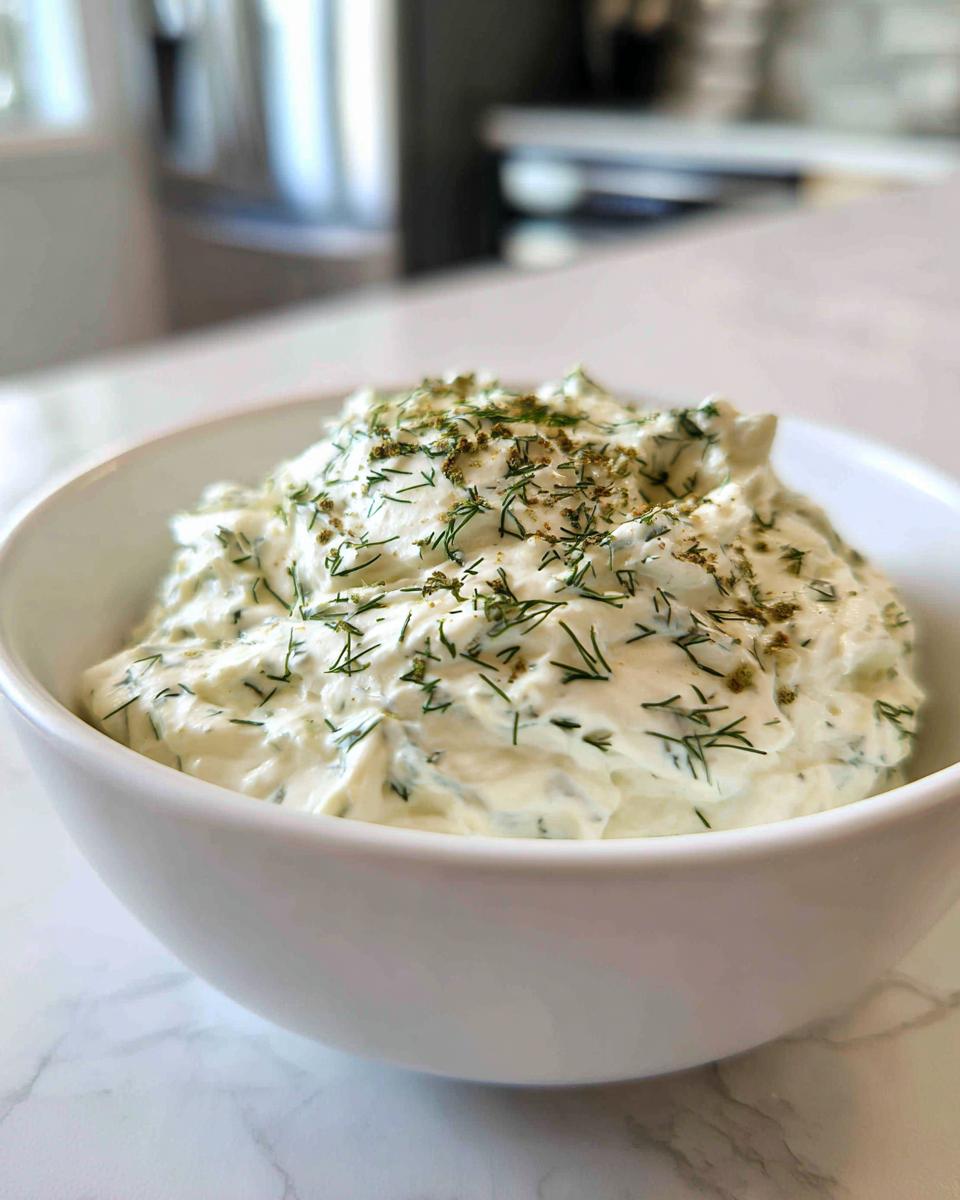 A close-up of a generous serving of creamy dill dip, topped with fresh dill and seasoning, in a white bowl.