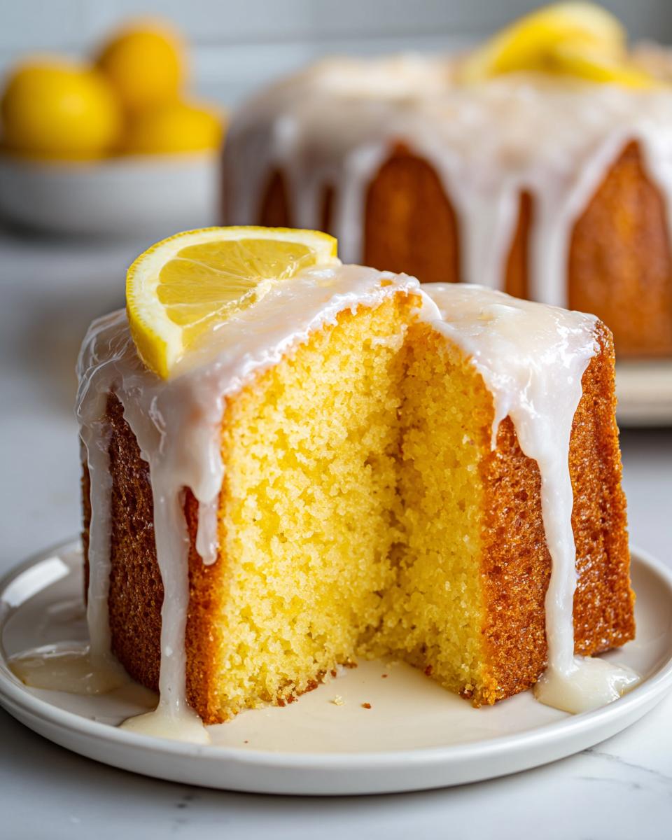 Close-up of a moist slice of lemon pound cake topped with white glaze and a lemon wedge.