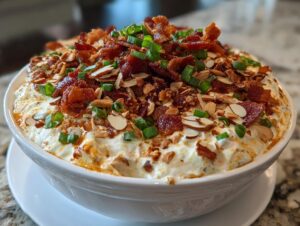A close-up of the amazing Neiman Marcus dip, creamy and topped generously with crispy bacon, sliced almonds, and green onions.