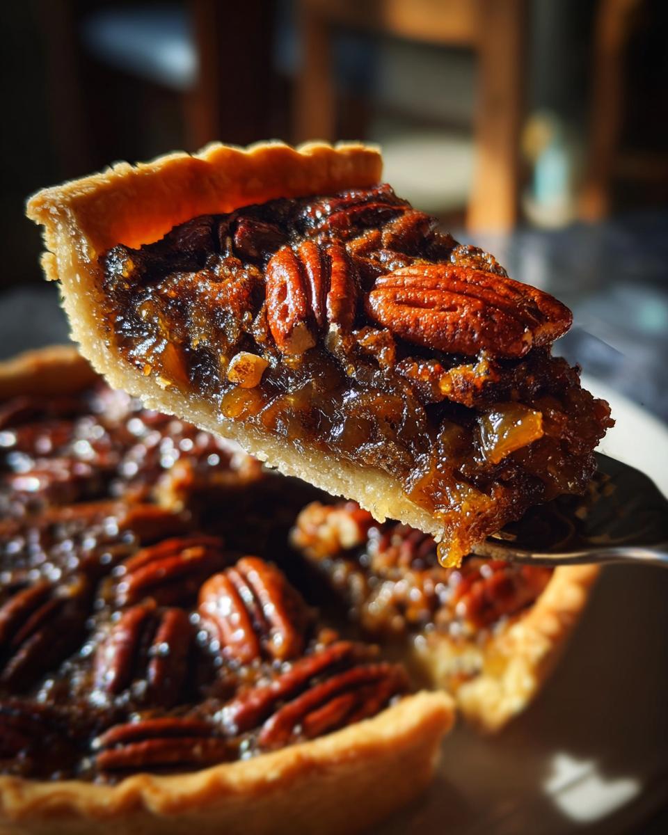 A close-up shot showing a slice being lifted from an amazing pecan pie cobbler recipe, highlighting the gooey filling and whole pecans.