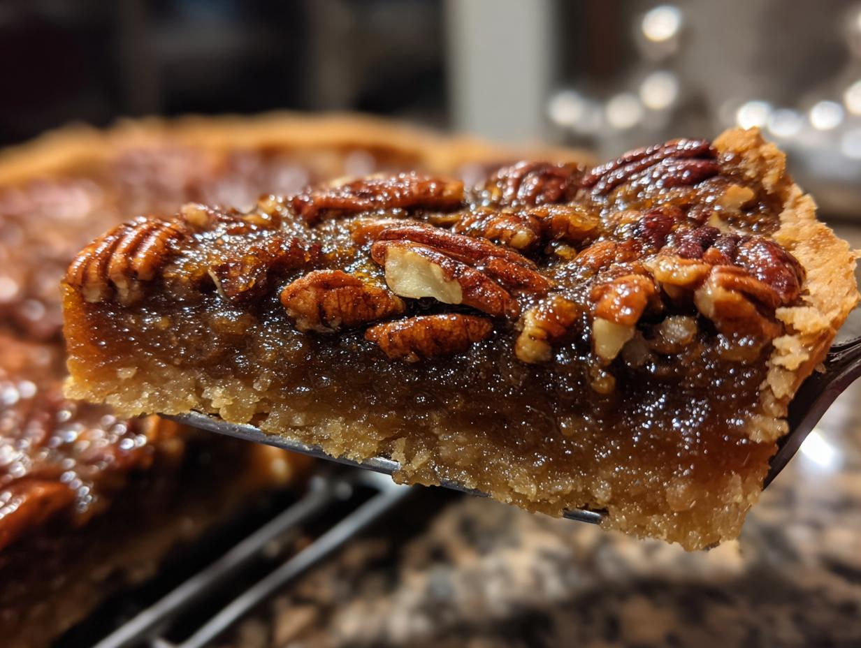 Close-up of a gooey slice being lifted from an amazing pecan pie cobbler recipe, showing the pecan topping and crust.