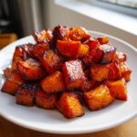 A pile of beautifully caramelized, glossy roasted sweet potatoes cubes served on a white plate.