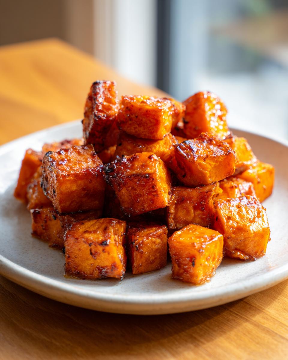A close-up of perfectly caramelized, glazed roasted sweet potatoes cubes piled on a light gray plate.