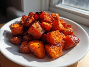 A close-up of perfectly caramelized and seasoned roasted sweet potatoes piled high on a white plate.