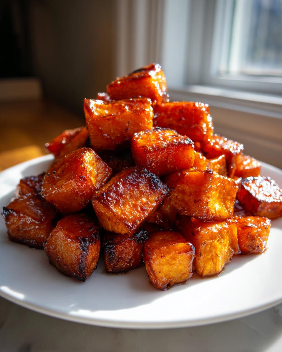 A mound of caramelized, glazed roasted sweet potatoes piled high on a white plate, catching the sunlight.