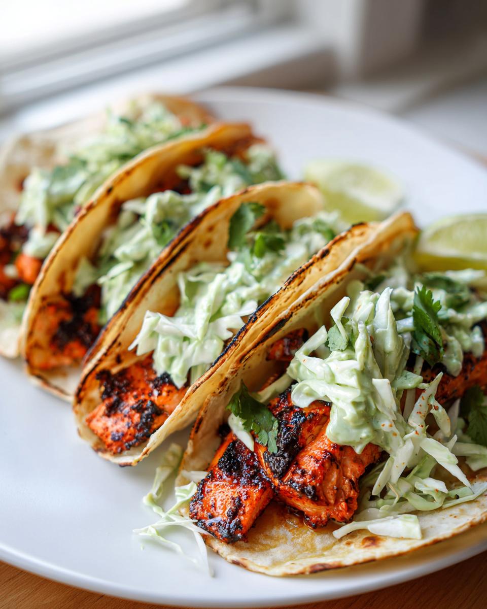 Three grilled salmon tacos topped with creamy slaw and cilantro, served with lime wedges.