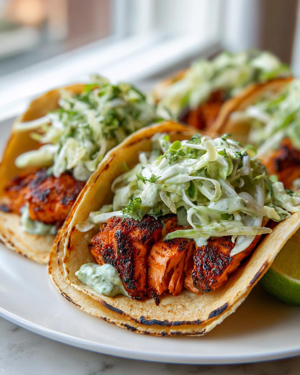 Close-up of delicious salmon tacos filled with blackened salmon, creamy green sauce, and crunchy slaw.