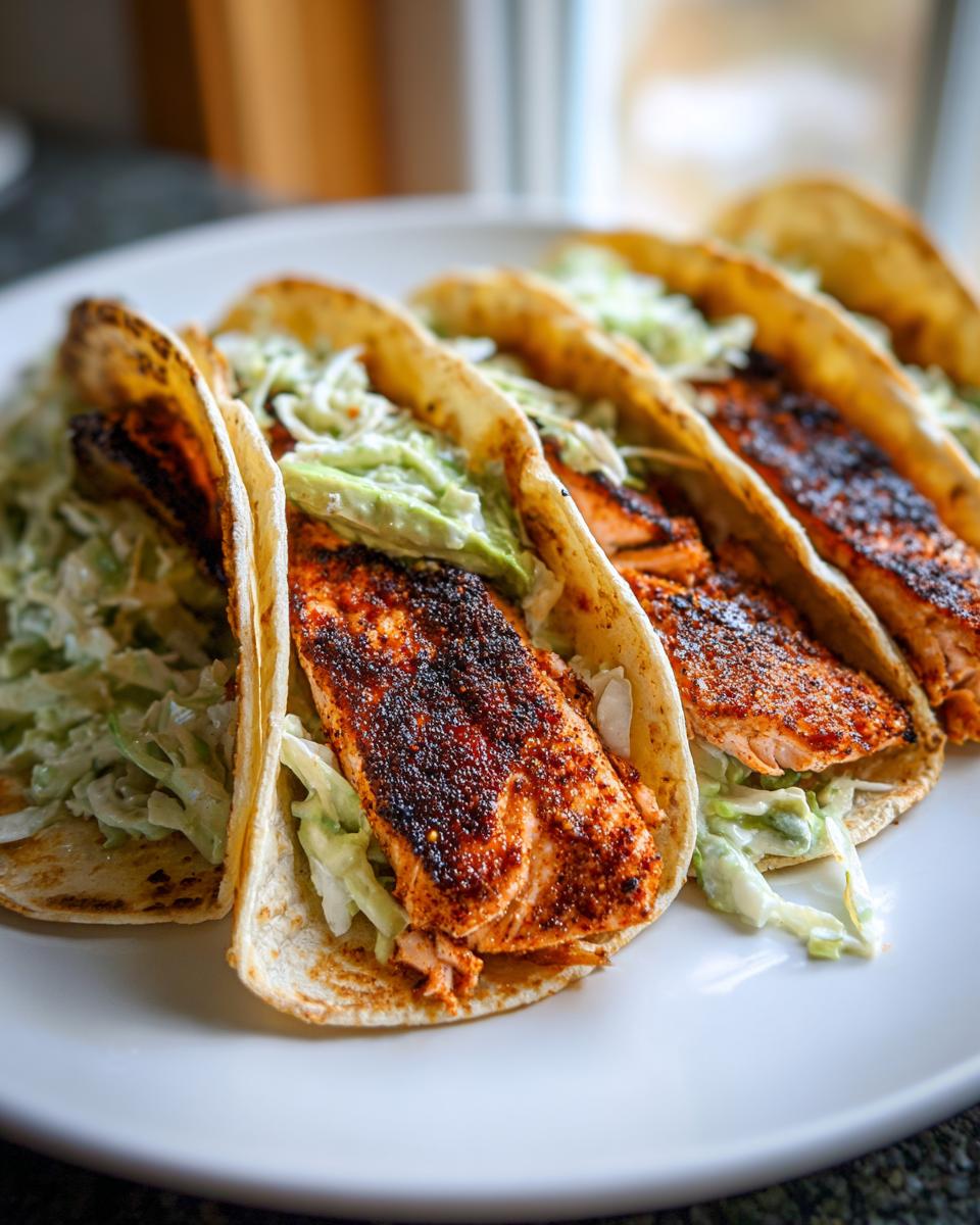 Four seasoned salmon tacos filled with shredded cabbage slaw, served on a white plate.