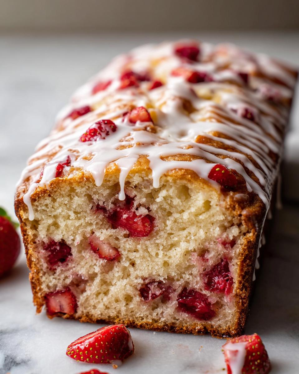 Close-up of a freshly baked strawberry bread loaf with visible strawberry pieces inside and a white glaze drizzled on top.