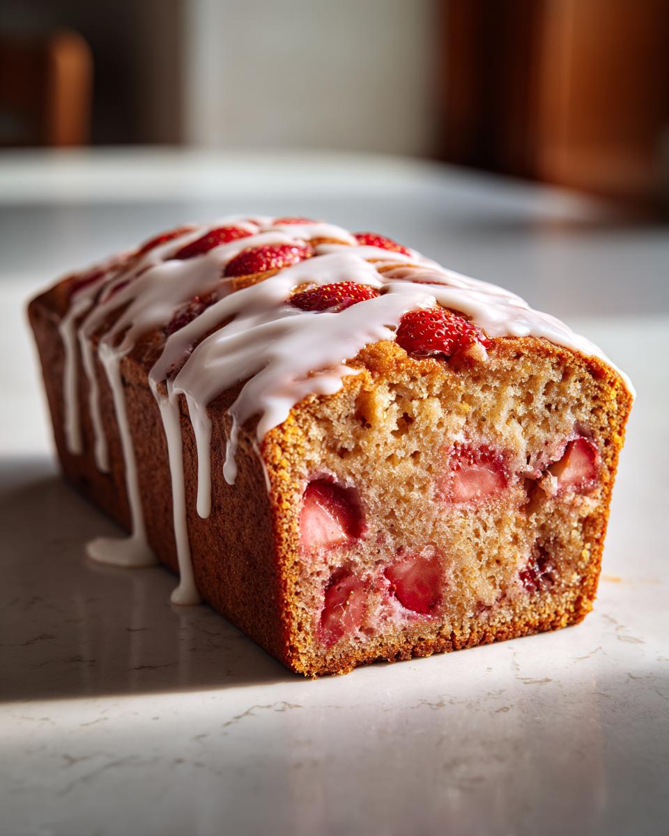 A freshly baked loaf of strawberry bread topped with white glaze and sliced strawberries, showing moist interior.
