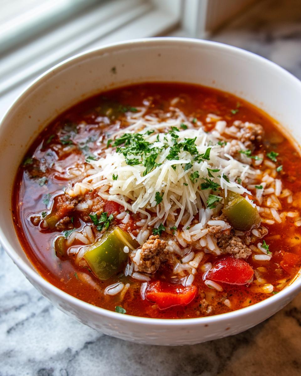Close-up of a bowl of rich, red stuffed pepper soup topped with shredded cheese and parsley.
