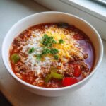 Close-up of a white bowl filled with stuffed pepper soup, topped with white rice, shredded cheese, and parsley.