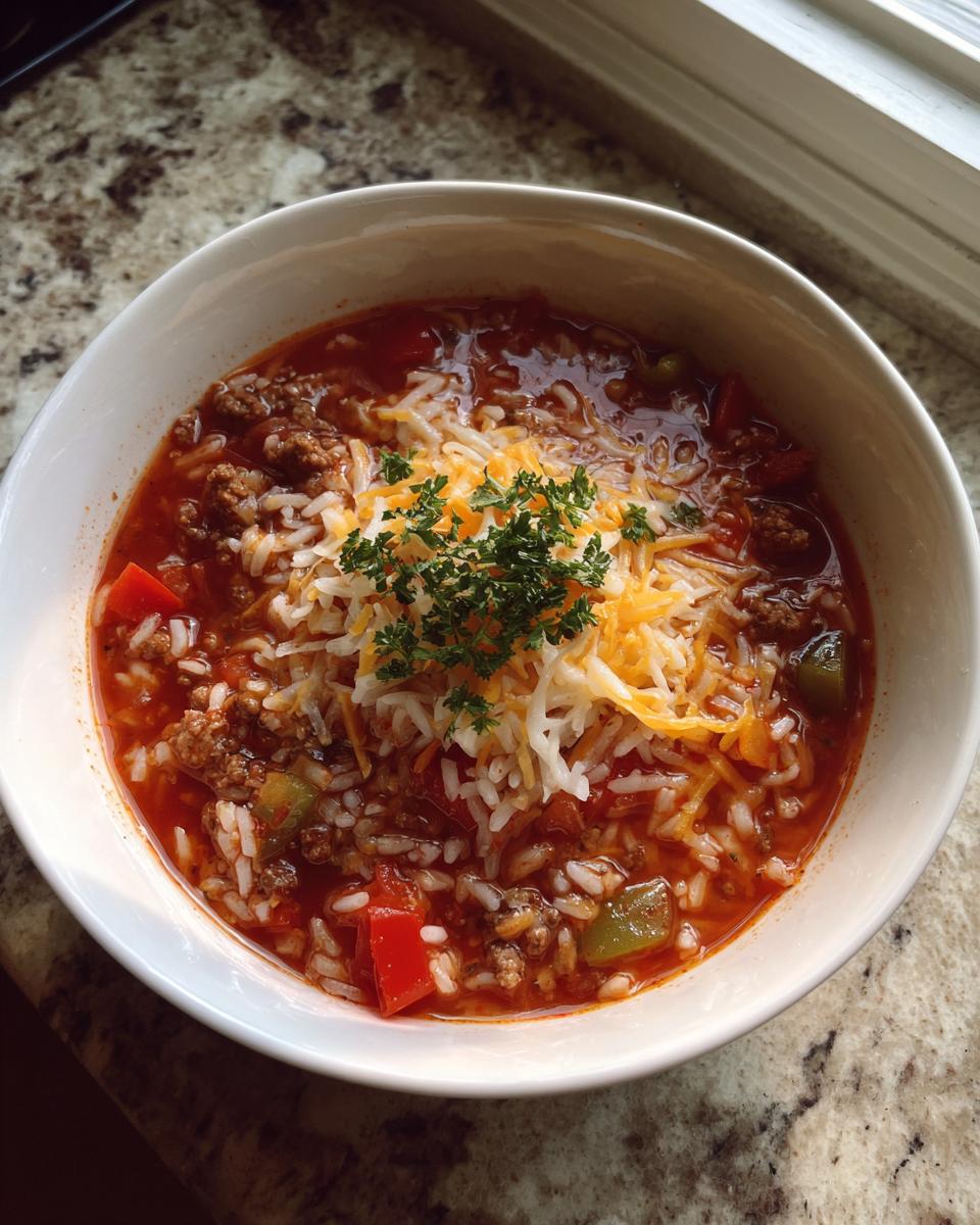 A hearty bowl of stuffed pepper soup, featuring ground meat, rice, peppers, topped with shredded cheese and parsley.
