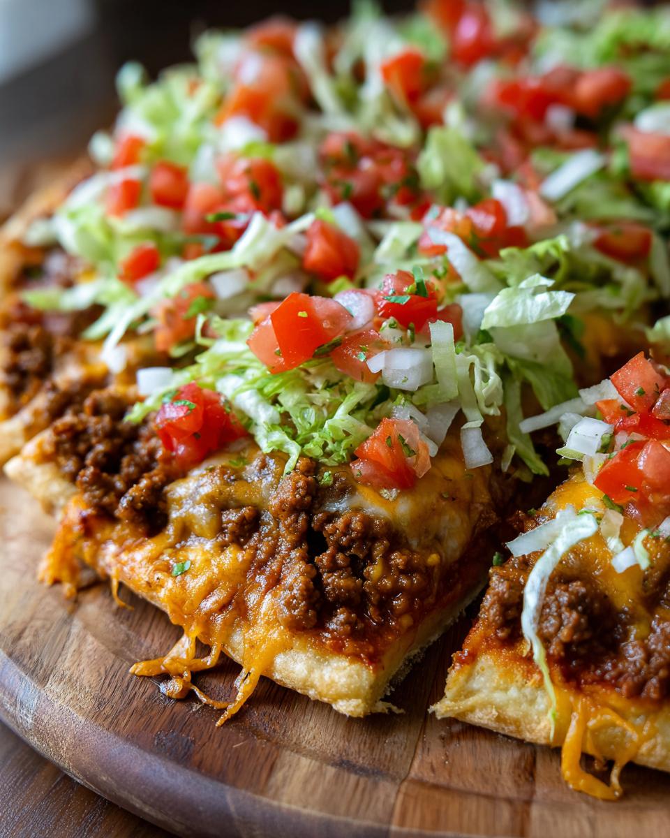 Close-up of a freshly baked taco pizza topped with seasoned ground beef, melted cheese, shredded lettuce, and diced tomatoes.
