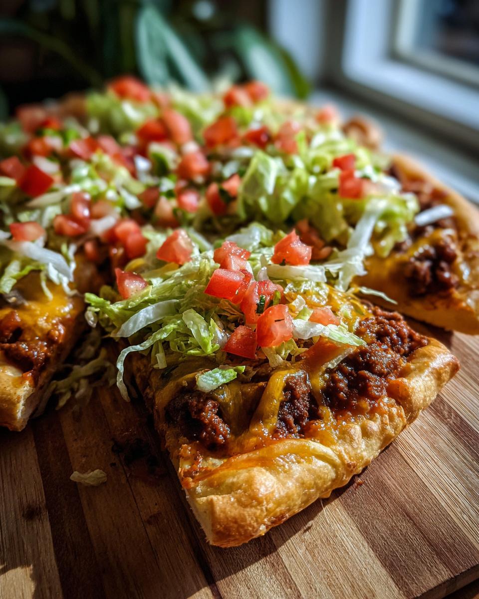 A close-up view of a slice of amazing taco pizza topped with seasoned beef, melted cheese, shredded lettuce, and diced tomatoes.