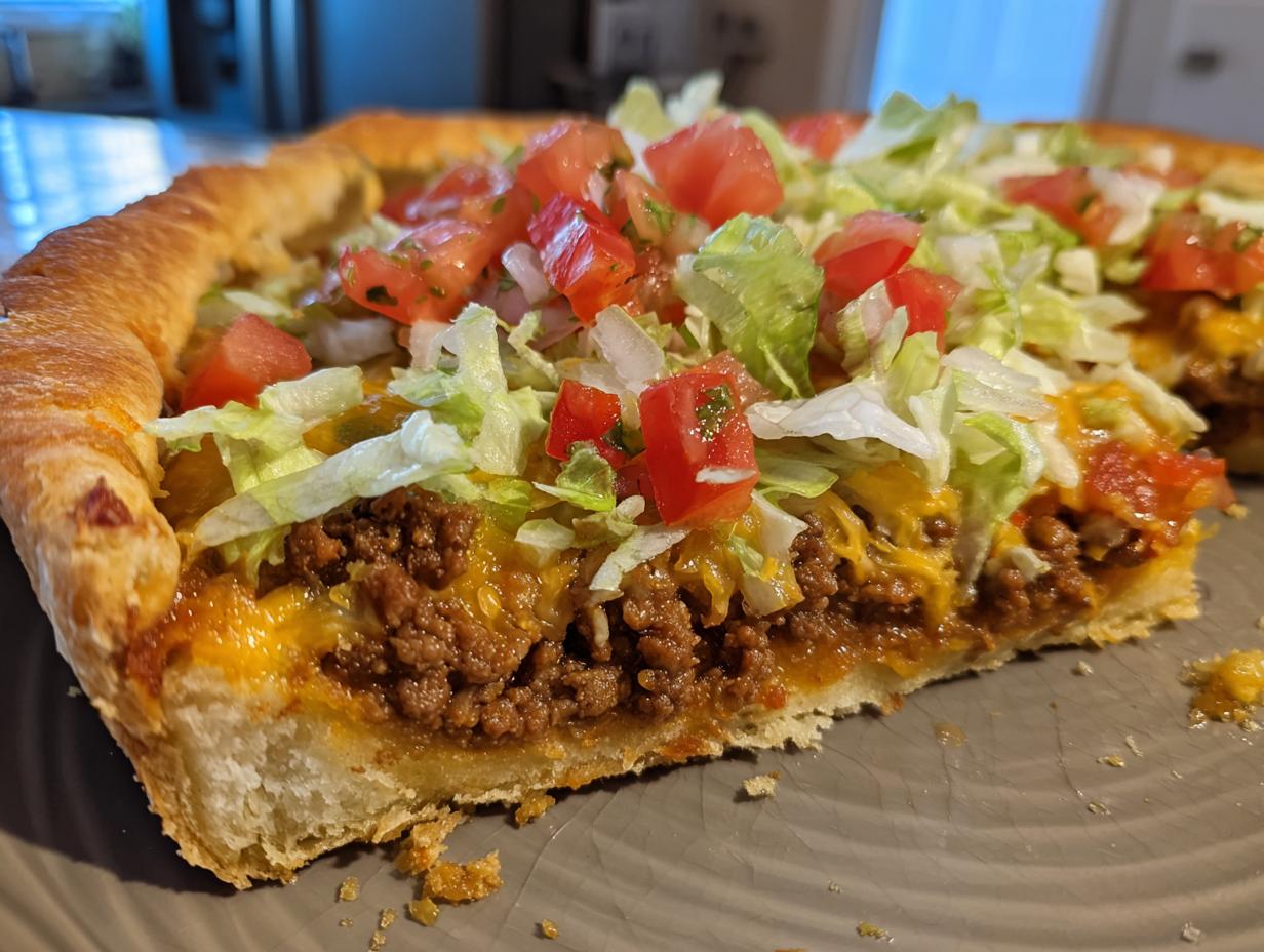 A thick slice of amazing taco pizza showing seasoned ground beef, melted cheese, lettuce, and diced tomatoes.