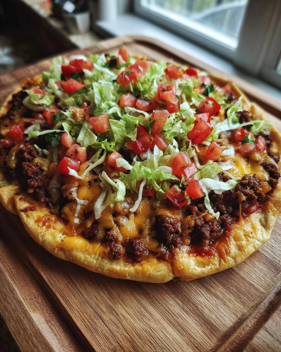 A fully assembled taco pizza topped with seasoned ground beef, melted cheese, shredded lettuce, and diced tomatoes.