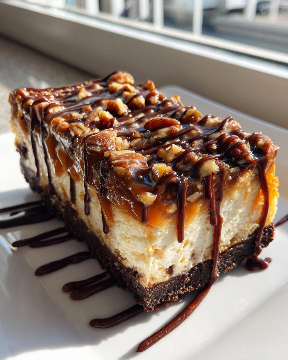 A decadent slice of turtle cheesecake with a dark crust, topped with caramel, pecans, and chocolate drizzle.