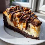A decadent slice of turtle cheesecake featuring a dark crust, creamy filling, caramel, chocolate drizzle, and pecans.