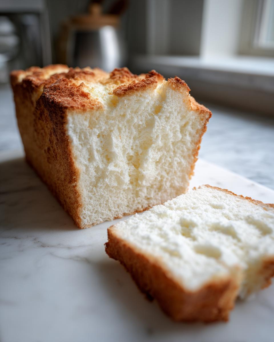 Close-up of a loaf of angel food cake, showing its airy white interior and golden crust, with one slice cut.