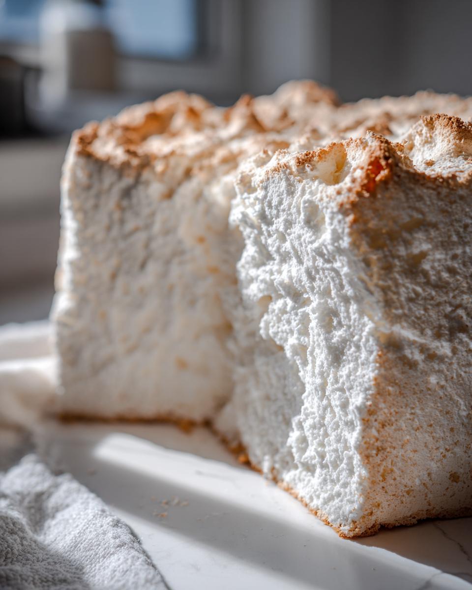A close-up view showing the airy, white, spongy interior texture of a freshly baked angel food cake.