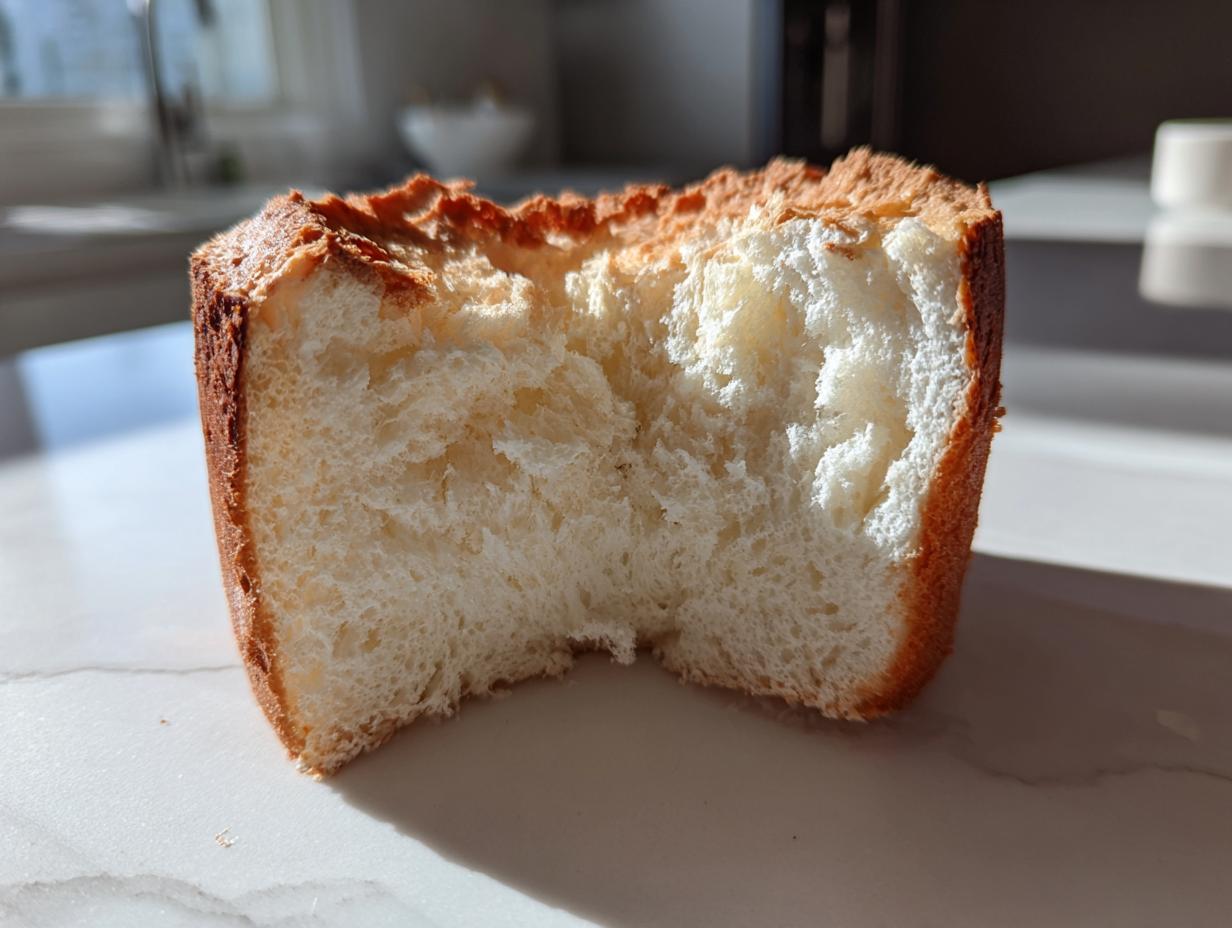 A cross-section showing the airy, white interior crumb of a freshly baked angel food cake with a golden-brown crust.
