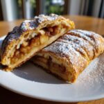 A close-up of apple strudel cut in half, revealing the spiced apple filling and flaky pastry, dusted with powdered sugar.