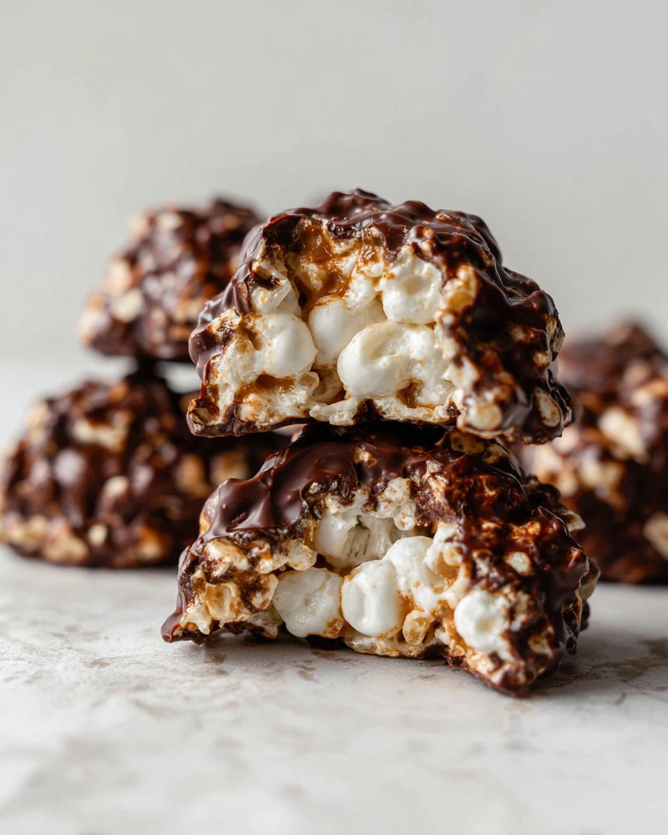 A close-up of two avalanche cookies stacked, showing the gooey marshmallow and chocolate interior.