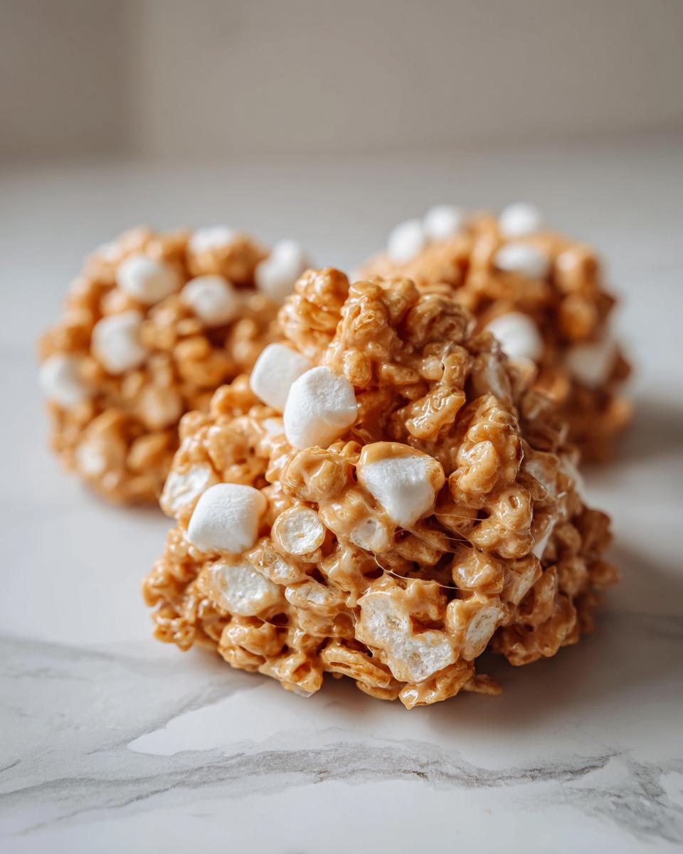 Close-up of three gooey avalanche cookies studded with mini marshmallows on a white marble surface.