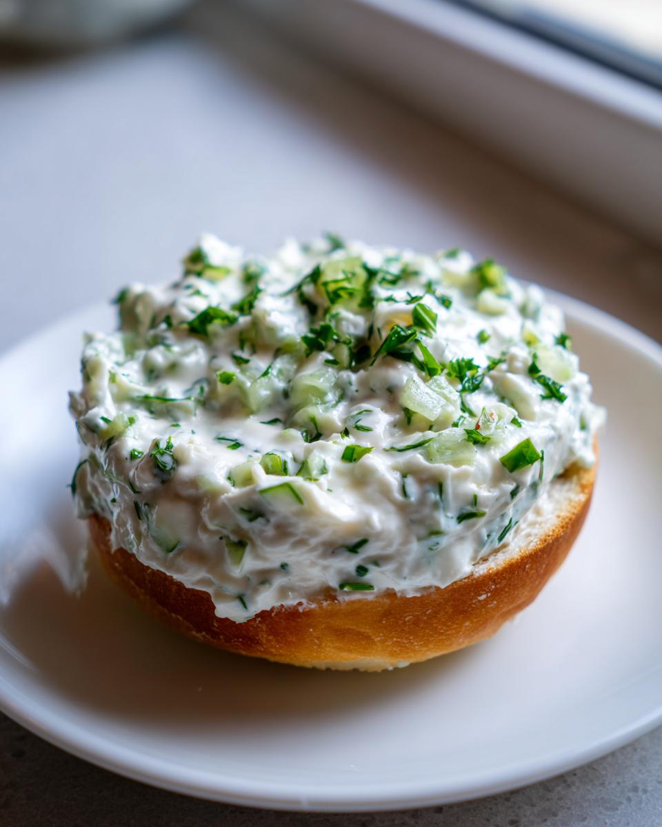 A toasted bagel half generously topped with a thick, creamy tartar sauce recipe mixture containing chopped pickles and herbs.