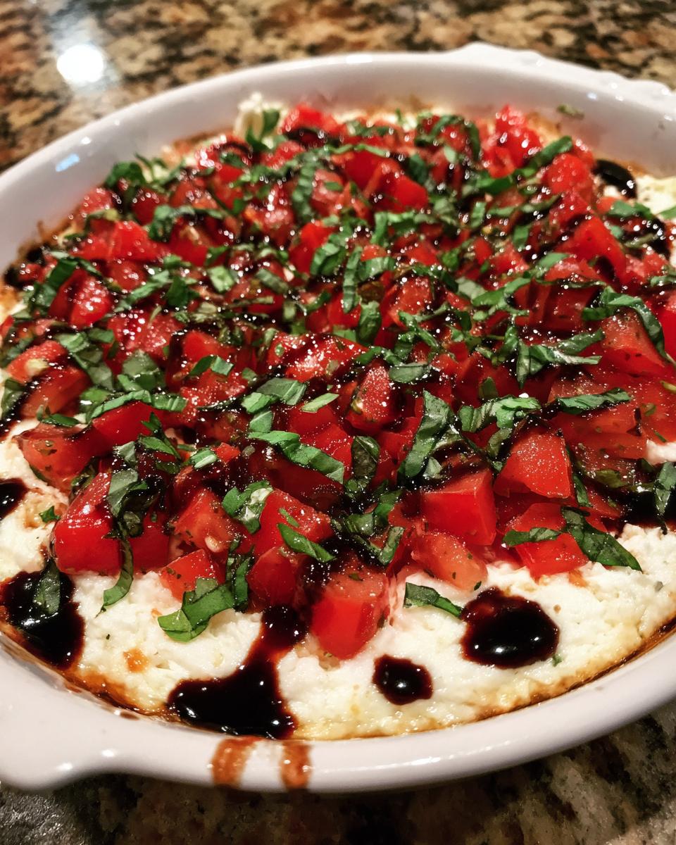 Close-up of hot, baked 3-cheese bruschetta dip topped with diced tomatoes, fresh basil, and balsamic glaze.
