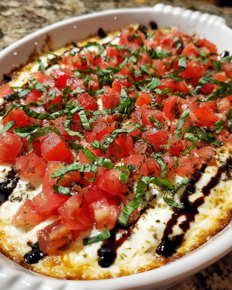 Close-up of baked 3-Cheese bruschetta dip topped with diced tomatoes, fresh basil, and balsamic glaze.