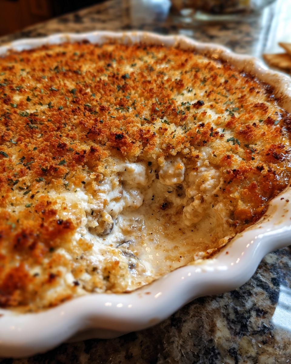 Close-up of hot, creamy stuffed mushroom dip with a golden brown, crispy breadcrumb topping.