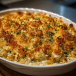 Close-up of baked stuffed mushroom dip in a white oval dish, featuring a creamy interior and a crunchy, golden breadcrumb topping.