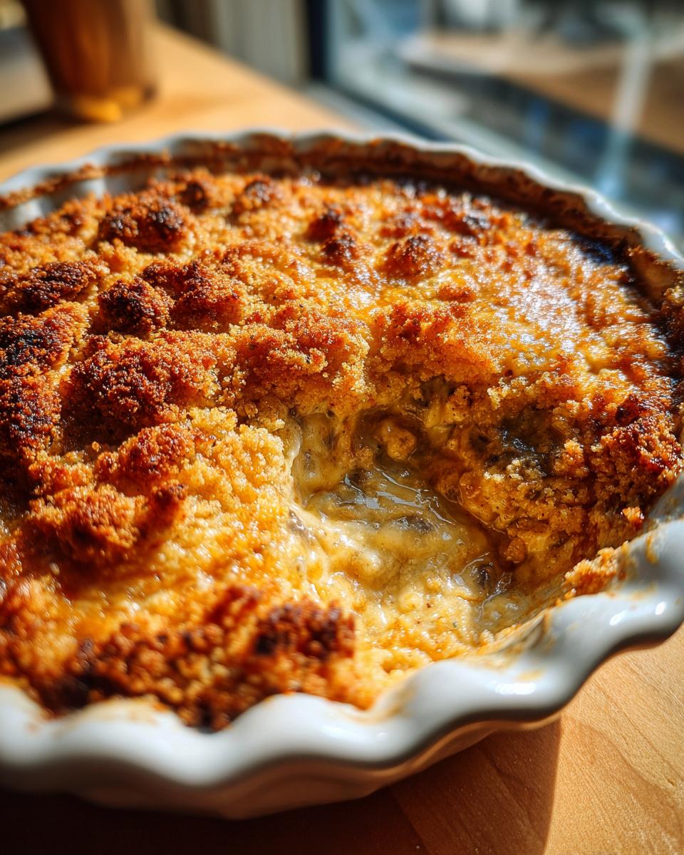 Close-up of baked stuffed mushroom dip with a bubbly, golden-brown crumb topping in a white dish.