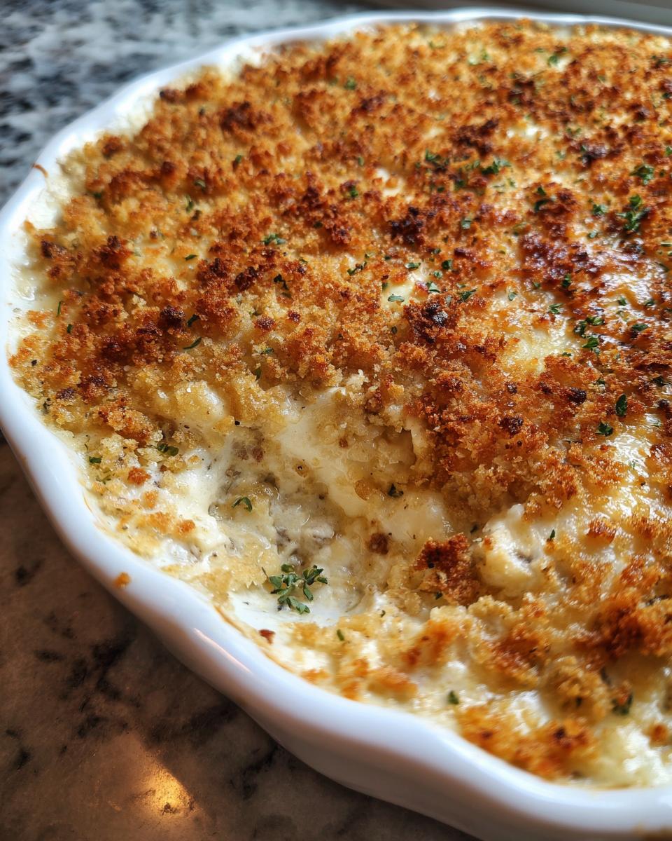 Close-up of a creamy, baked stuffed mushroom dip with a crispy, golden brown breadcrumb topping.